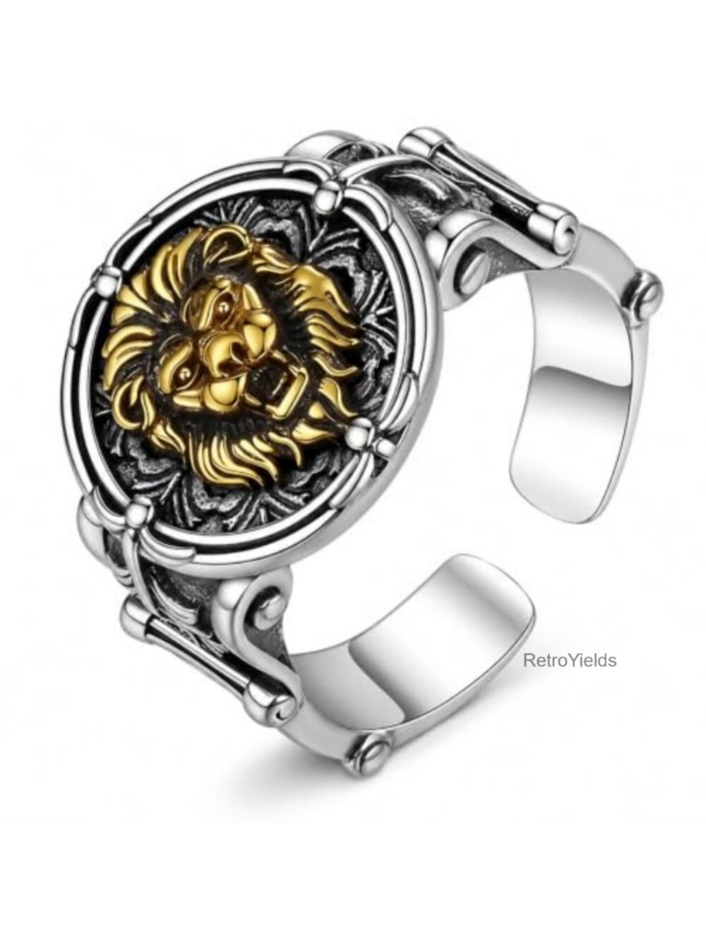 Lion Head Ring Adjustable Silver-Plated Sculpted Open Band